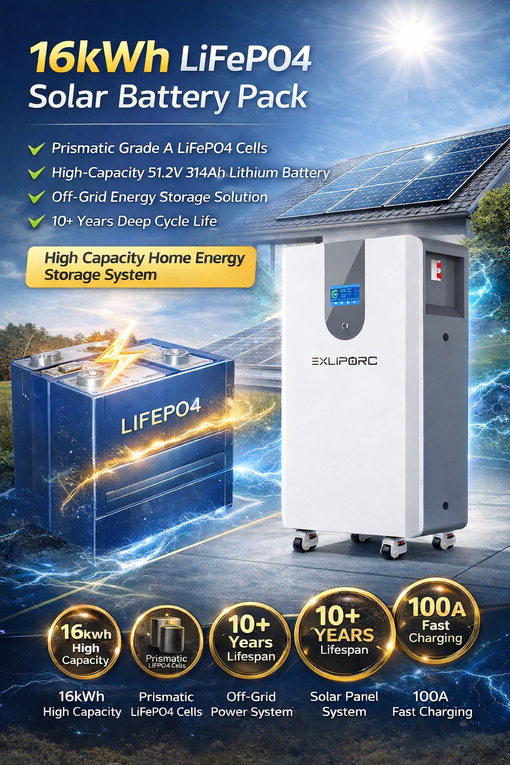 16kWh LiFePO4 Battery for Solar Energy Storage | 51.2V System Voltage 10kW Output Split Phase Compatible Hybrid Grid BMS
