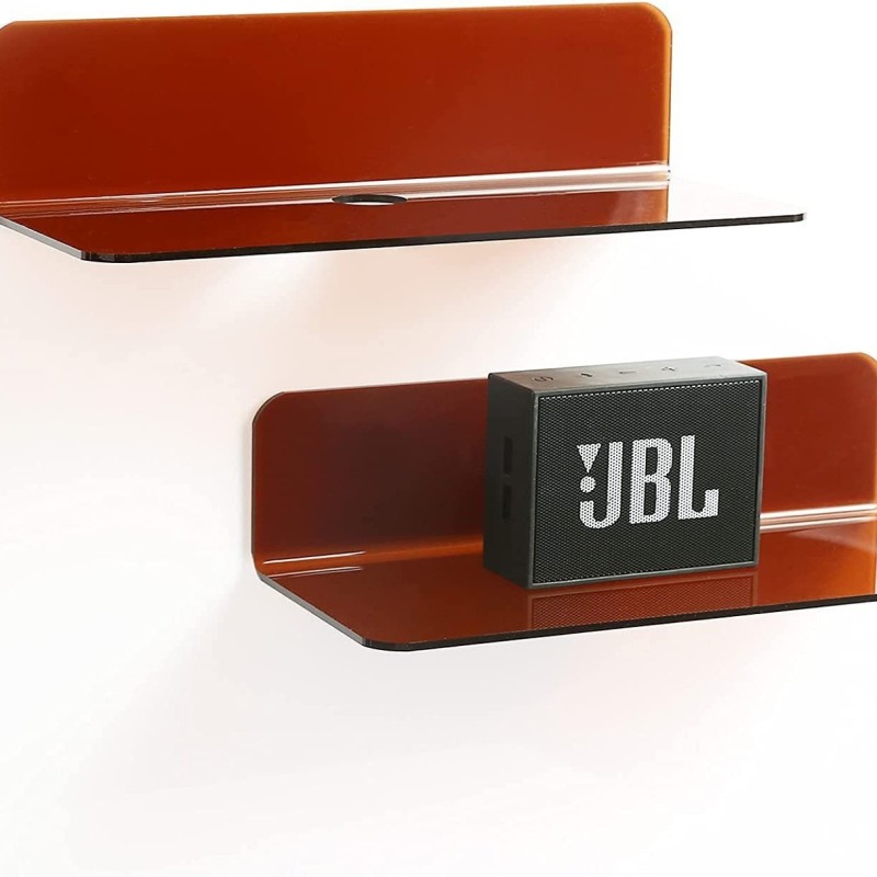 Single-Tier Wall-mounted Acrylic Rack with Floating Shelf and Clock Speaker Storage Perforation-Free for Pot Storage