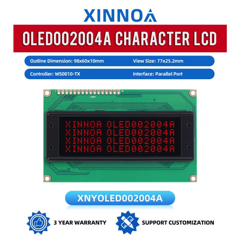 OLED002004A Black Film,Character LCD Module, WS0010-TX Controller, Parallel Port Interface, 77x25.2mm View Size, Working Temperature -40+80 Display