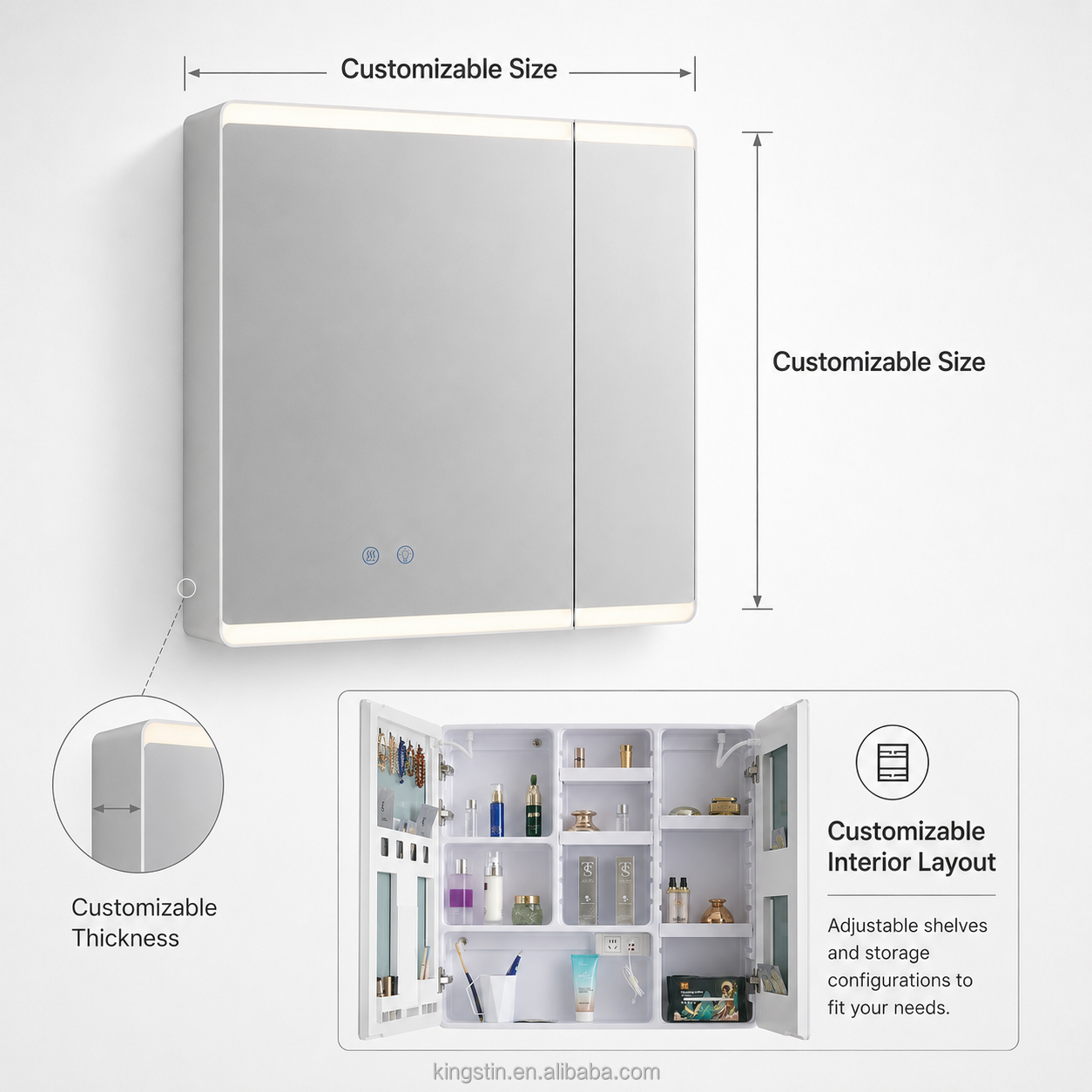 Kingstin Luxury ABS LED Mirror Cabinet with Defogger, Smart Storage and 3 Color Lighting for Projects