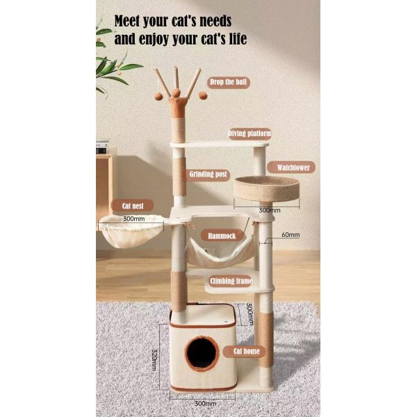 Fully Wrapped Wooden Cat Tower with Replaceable Dangling Balls and Scratching Sisal Posts