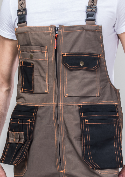 Dark Khaki Black Heavy Duty Work Suit Bib Pants Suit 80% Polyester 20% Cotton Twill