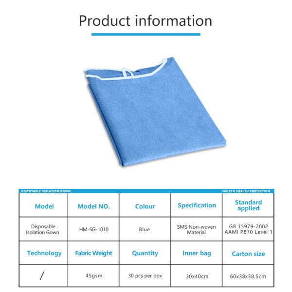 blue SMS Non Waven Material 45gsm Disposable Medical Isolation Gown