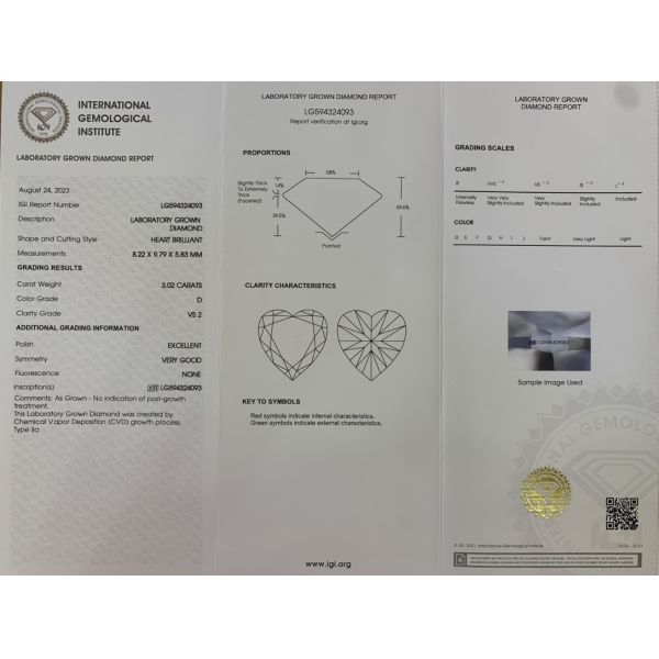 3.02 Carat Heart Shaped Lab Diamonds D Color VS2 Clarity