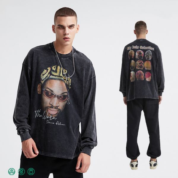Men'S Hip Hop Acid Wash Crewneck Sweatshirt Athletic Black Distressed Vintage T-Shirt Terry Fabric