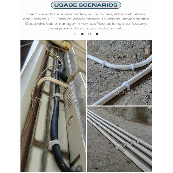 Grapas plásticas Ø2.5~25mm con solo clavo y grapas sujeta redondas Ø30~50mm con dos clavos para gestión de cables