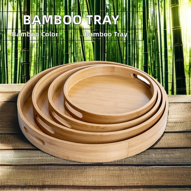 Home and Travel Use Rattan Storage Bamboo Tray Round Basket with Handle