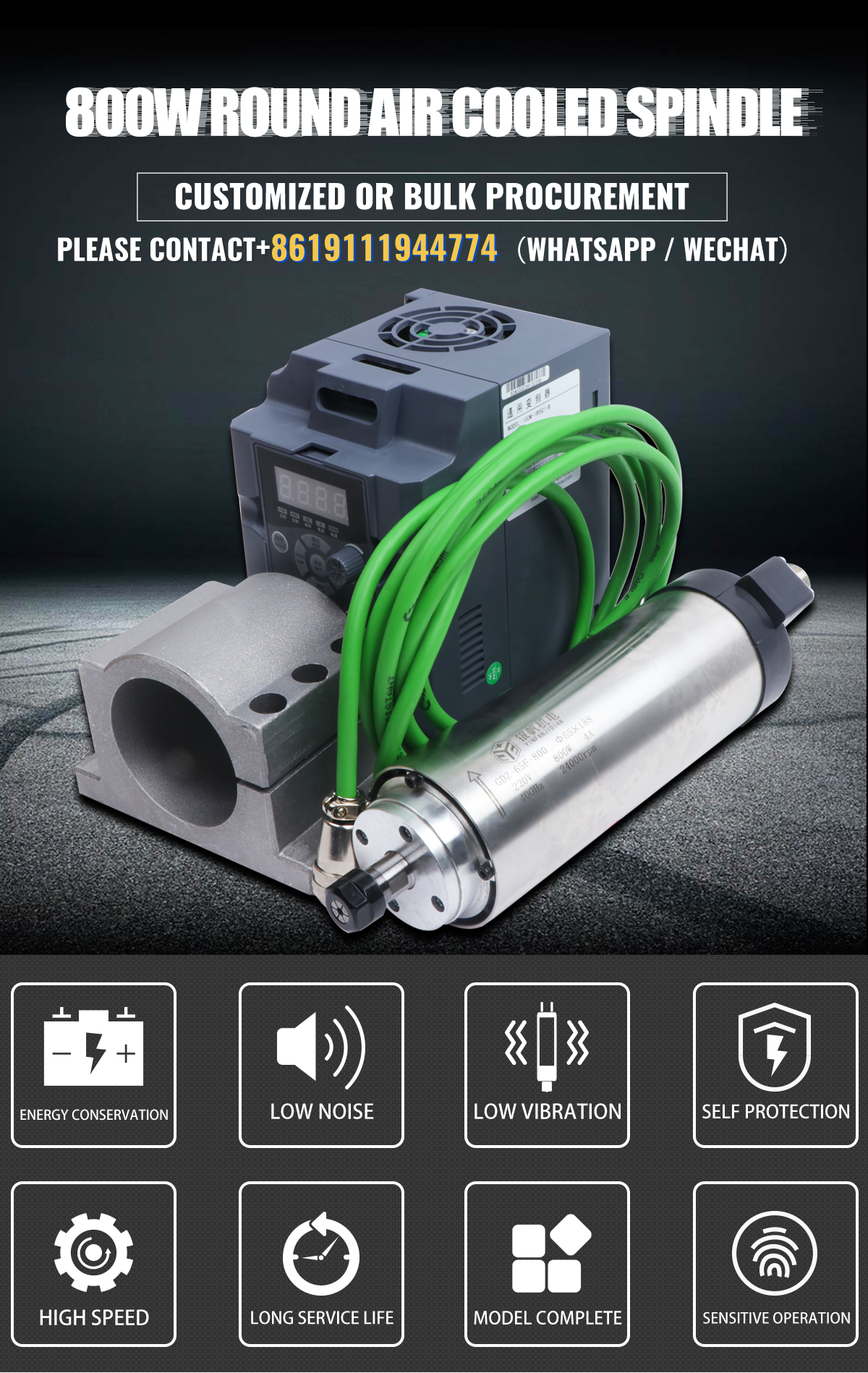 Воздушно-охлажденный 800 Вт шпиндельный моторный комплект с 65 мм держателем зажима и высокой скоростью 240000 вращений в минуту