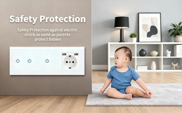 UBARO EU Standard Wall Socket Combo with Touch Light Switch Schuko Power Outlets and Black Tempered Glass Panel
