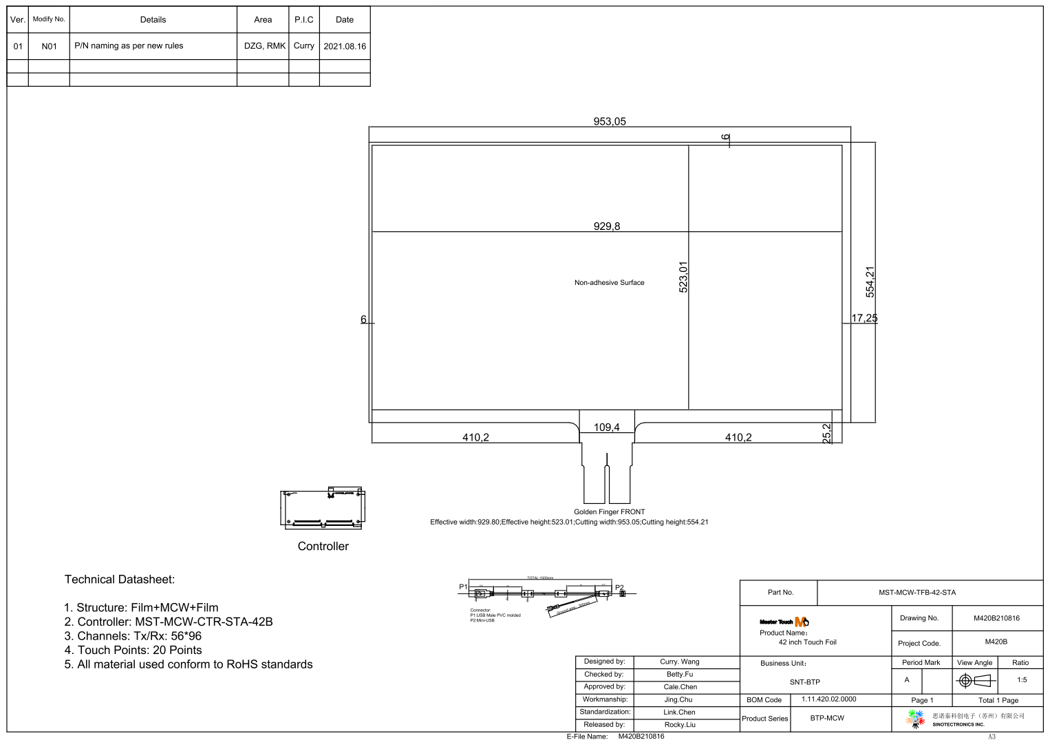 Серия мастерского касания STA фильм касания 42 дюймов для промышленной сенсорной панели