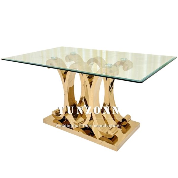 Special Golden Stainless Steel Luxury Glass Dining Table Sets for Bride and Groom for Wedding Events and Hotel Use