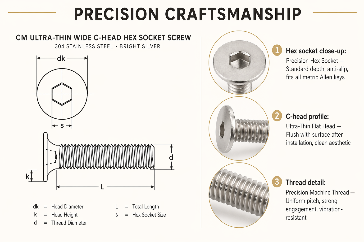 304 Stainless Steel CM Ultra-Thin Large Flat Head Hex Socket Machine Screws Bolts M2 M3 M4 M5 Metric Precision Countersunk Fasteners for Electronics Furniture Factory Direct Wholesale RoHS Certified
