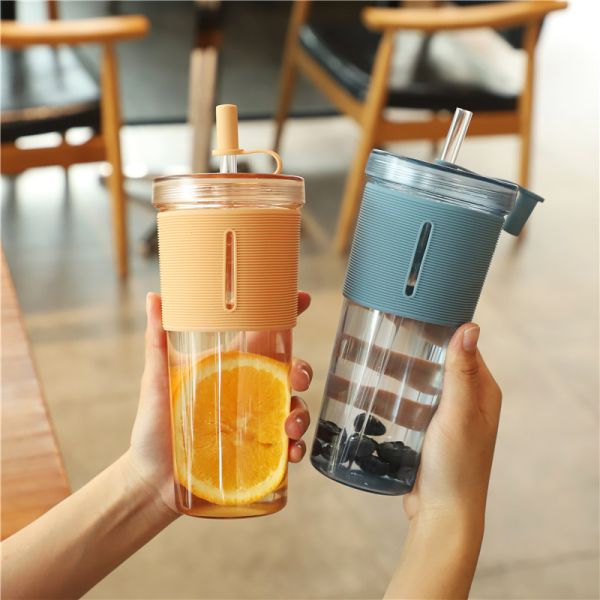 Camp Outdoor Custom Logo Double Wall Milk Tea Straws Cup 700ml with Silicone Sleeve