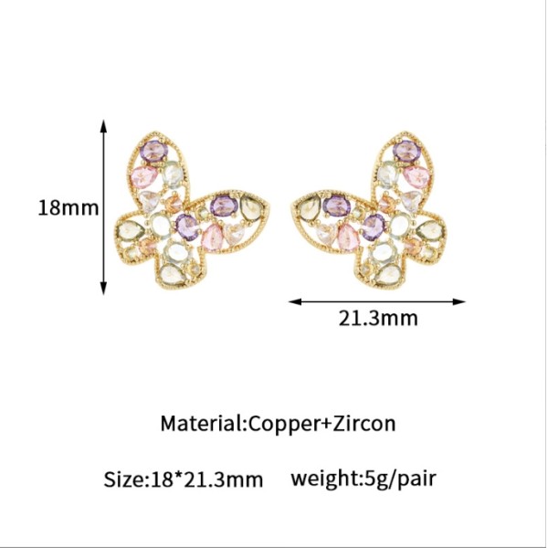 Brass 14k Gold Plated Zircon Studs Butterfly Enamel Flower Earring for Women's Fashion Earrings Accessories