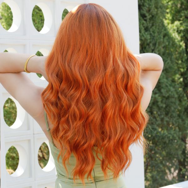 Fashion Long Body Wave Dark Root Hair Orange Synthetic Wigs For Women