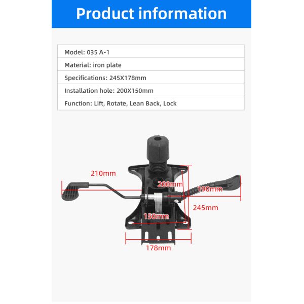 Gas Lift Iron Office Chair Mechanism Adjustable Seat Tilt 45 Degrees Free Lift