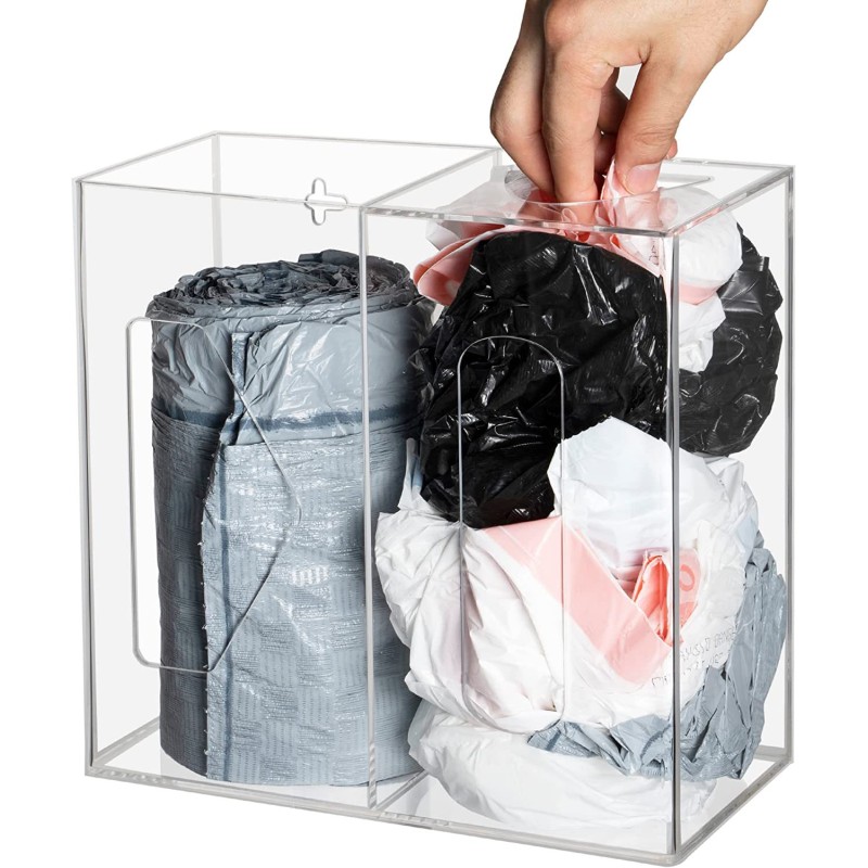 Wall-Mounted Clear Acrylic Kitchen Storage Box with Grocery Bag Holder and Garbage Bag Roll Dispenser for Bathroom Use