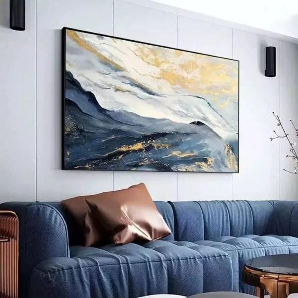 Blue Gold Foil Abstract Landscape Oil Painting On Canvas Hand Painted Modern Textured Medium Oil