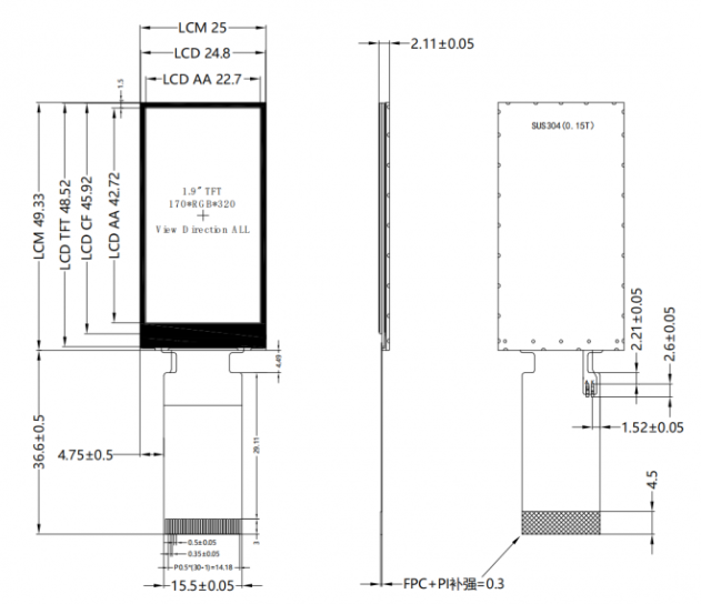 1.9-Inch High Brightness 800 cd/m2 IPS LCD Display with SPI & MCU Interface for Industrial Applications