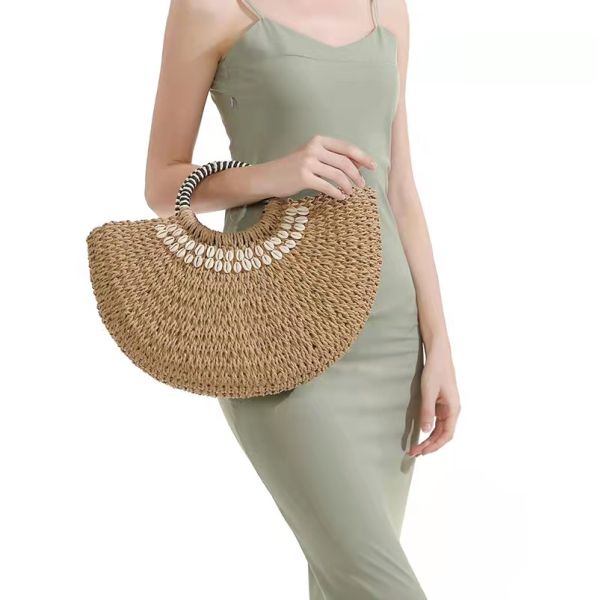 Beach Crochet Hand Bag Brown Shell Decor 32cm×18cm×5cm Size