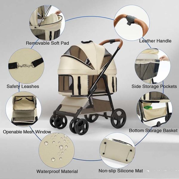 Foldable Pet Stroller Detachable Carrier Shockproof Waterproof 4 Wheel Travel Cart for Dog Cat B2B