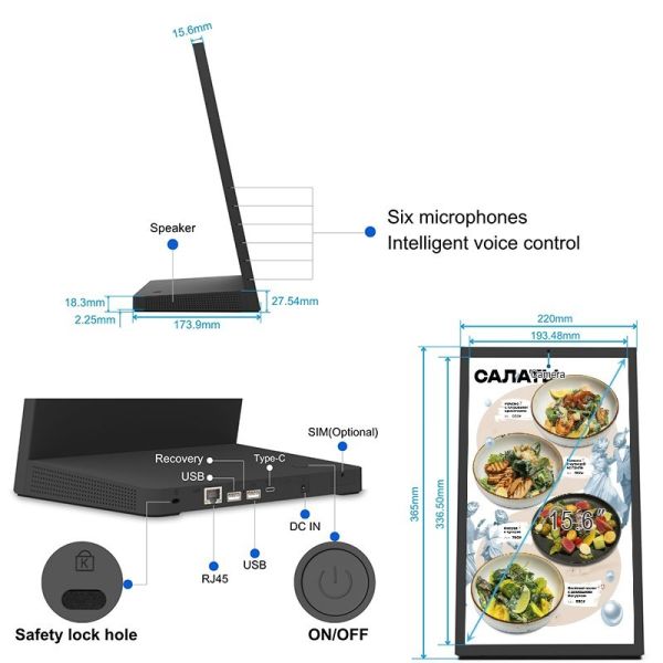 8-inch HD Display Restaurant Ordering Tablet with RK3399 Hexa-core Processor and L-Shaped Touch Design