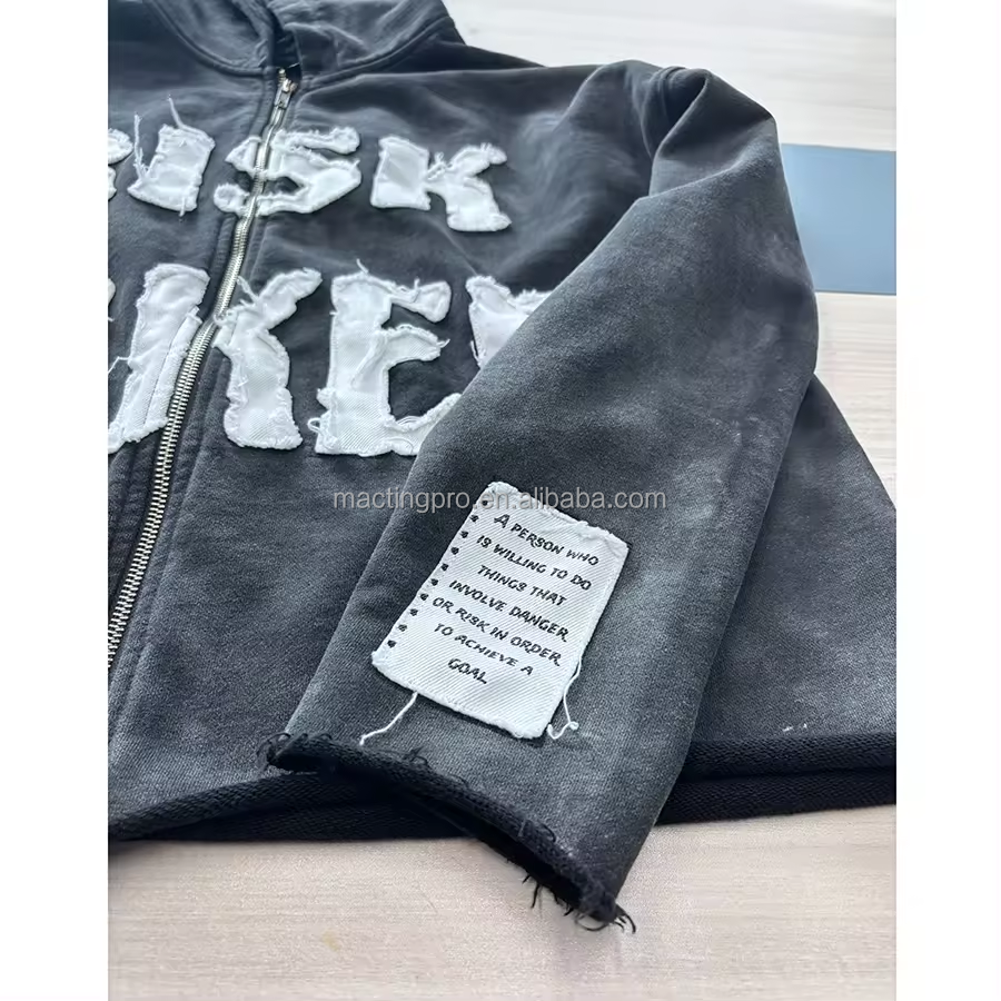 Brown Blue Black Distressed Hoodie Mens Autumn Season Embroidery Boxy Zip Up Hoodie