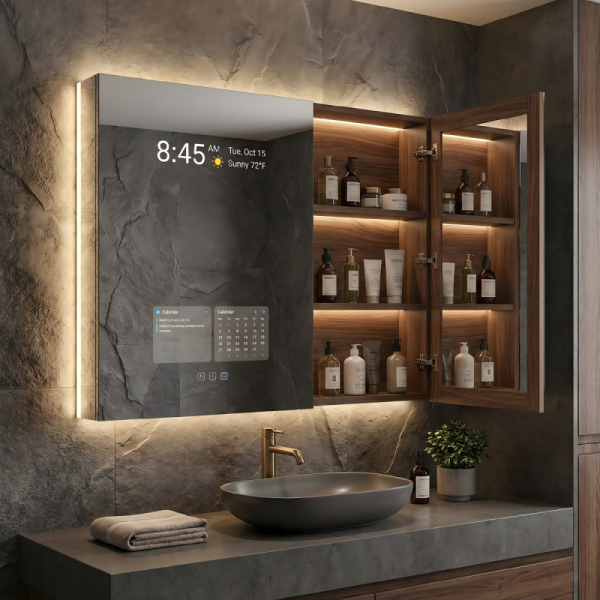 Kingstin Smart Mirror Cabinet: Android System, LED Backlit, Weather & Music Display, Touchscreen Bathroom Storage Solution