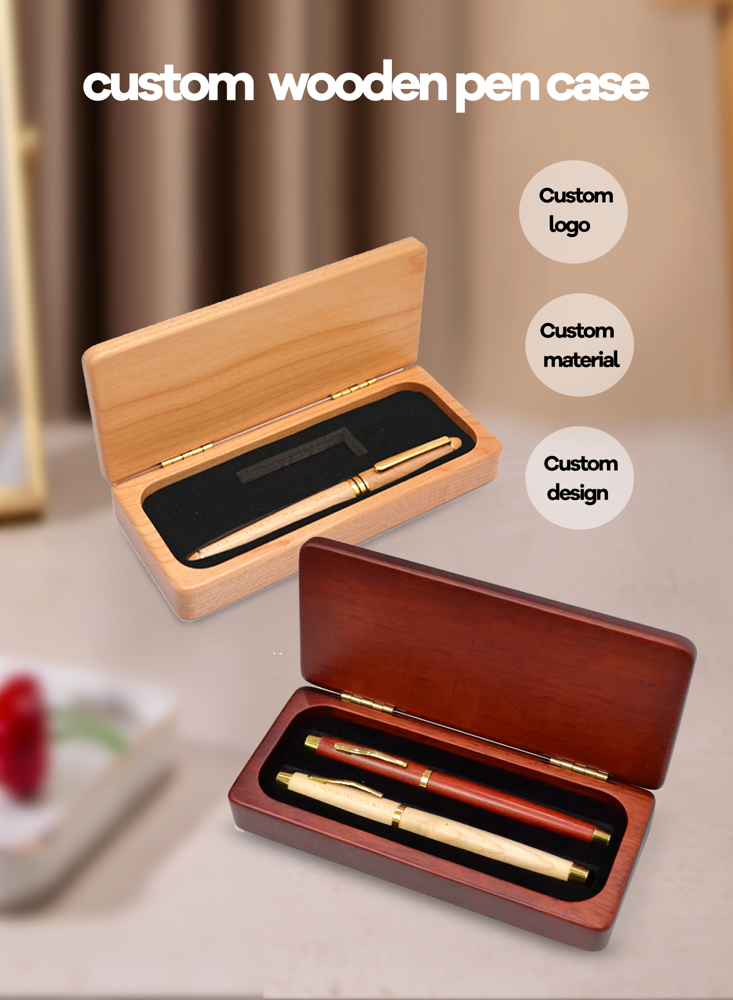 Customizable Wholesale Hand Painted Elegant Maple&rosewood Wooden Fountain Pen Gift Box