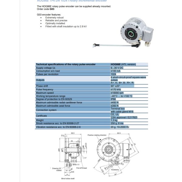 Baumer Hubner - HOG86 TP6 DN 1024 I HOLLOW SHAFT INCREMENTAL ENCODER , TERMINAL BOX RADIAL, 1024 PPR