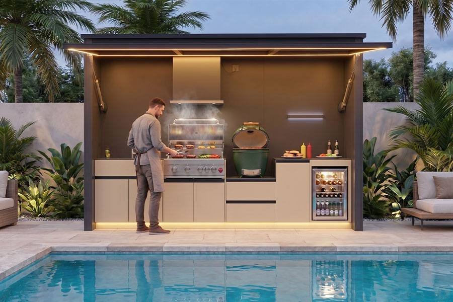 Entertainment Center Outdoor BBQ Pod With Integrated Cooking & Social Space