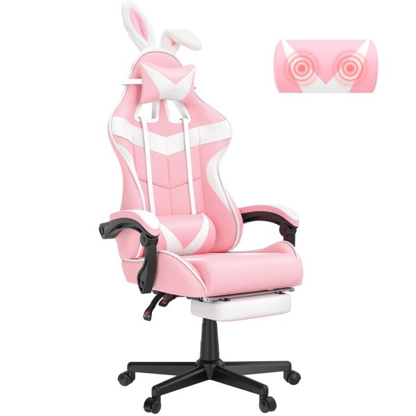 Swivel Chair Pink Gaming Chair with Footrest and Adorable Bunny Design Mail Packing