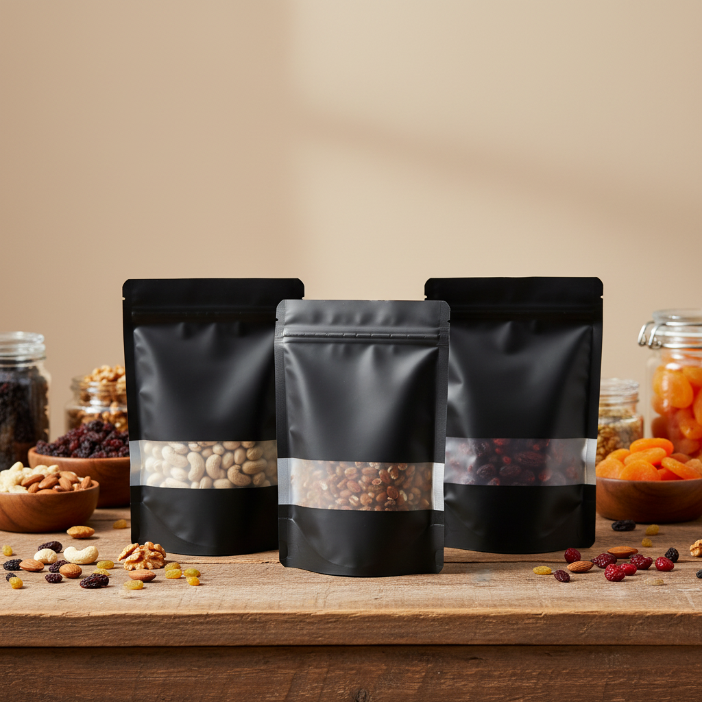 Custom MOQ 1000pcs Black Glossy Food Grade Stand up Resealable Zip Lock Plastic Bags with Clear Window and Custom Logo