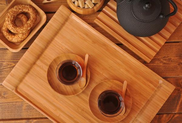 modern wood serving tray with unique handle