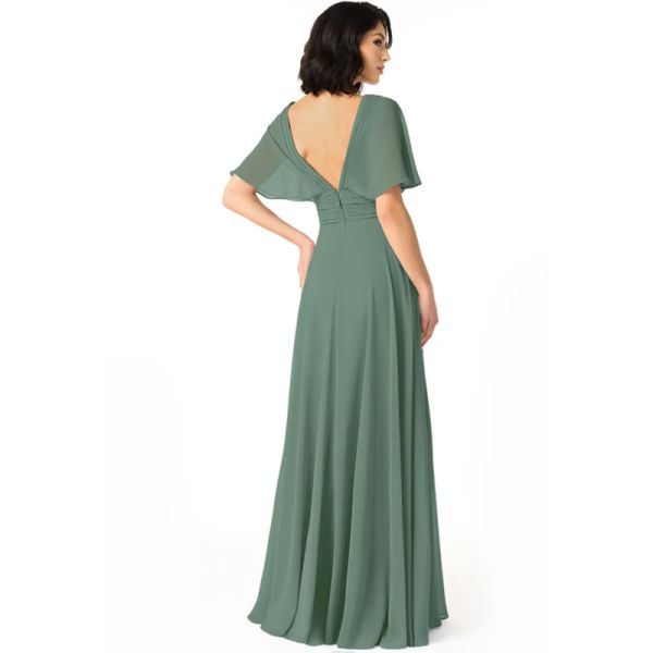 Vintage Elegant A-Line V-Neck Pleated Chiffon Floor-Length Bridesmaid Dress V-back Short Sleeves Pleated