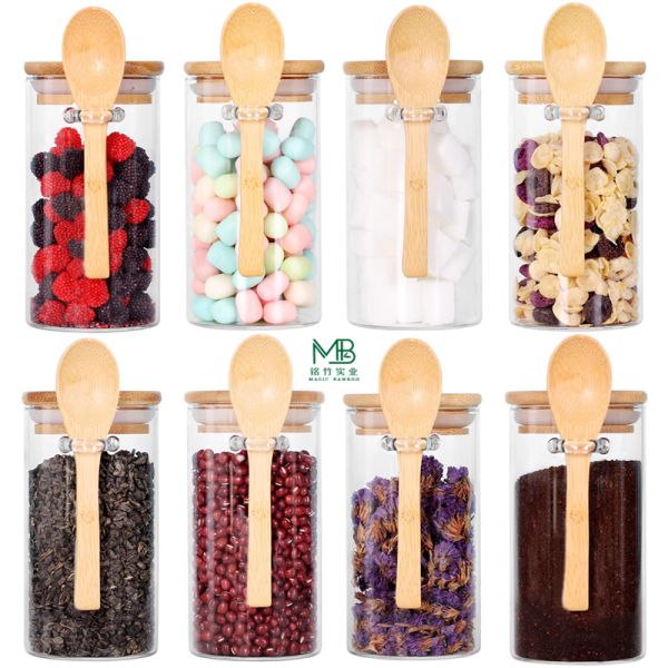 Wholesale 10 OZ Small Glass Jars set For Tea Coffee Beans Candy With Bamboo Lids And Spoons