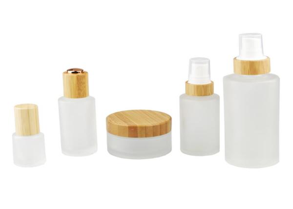 Frost Glass Empty Lotion Jars , Nail Polish Cosmetic Glass Bottles With Bamboo Cap Lid