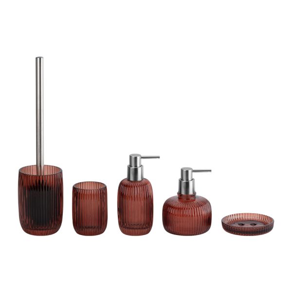 Glass Bathroom Accessories Set Red Color Round Shape With Ribbed Vertical Stripe Toilet Brush Cleaner