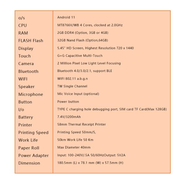5.45inch Android Systems Mobile Pos Machine Handheld Smart Cashier Terminal with Printer Output Type Monochrome and Wifi