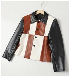 High Fashion Breathable Stitching Color Long Sleeve Button Cropped PU Baseball Leather Jackets