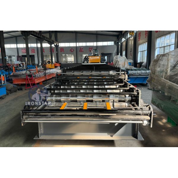 6 rib trapezoidal and 6 rib bamboo tile double layer roll forming machine in Romania 2 layer roll forming machine