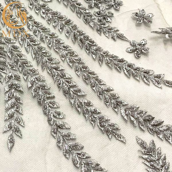 Grey Heavy Handmade Beaded Lace Fabric For Fashion Show Dresses