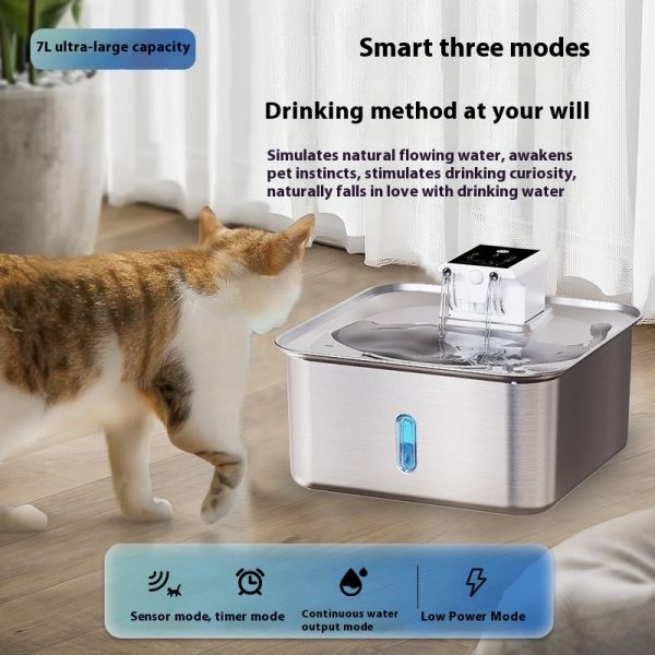 Large Capacity 7L All Stainless Steel Rechargeable Pet Water Dispenser Eco-Friendly Automatic Dog/Cat Bowl Solid Unplugged New