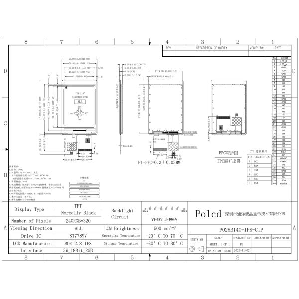 Polcd haute luminosité 500nit 2,8 pouces Écran LCD 240x320 interface RVB IPS CTP Affichage TFT tactile capacitif