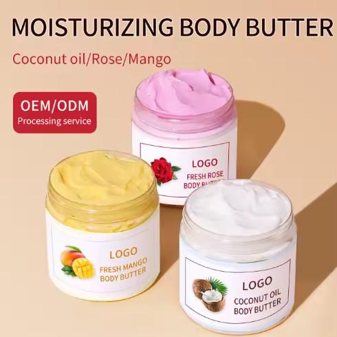 Private Label Natural Rose Coconut Oil Body Whitening Butter Luxury Body Cream Lotion Shea Mango Butter