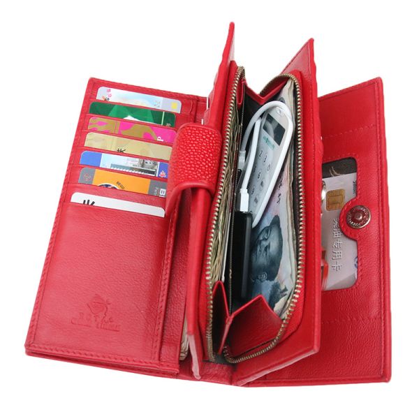 Authentic Real Stingray Skin Women's Long Red Wallet Lady Card Holders Genuine Leather Female Large Phone Clutch Purse