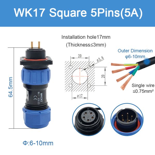 IP68 водоустойчивая продетая нитку соединяя серия Pin Sp17 квадрата кабельного соединителя Wk17