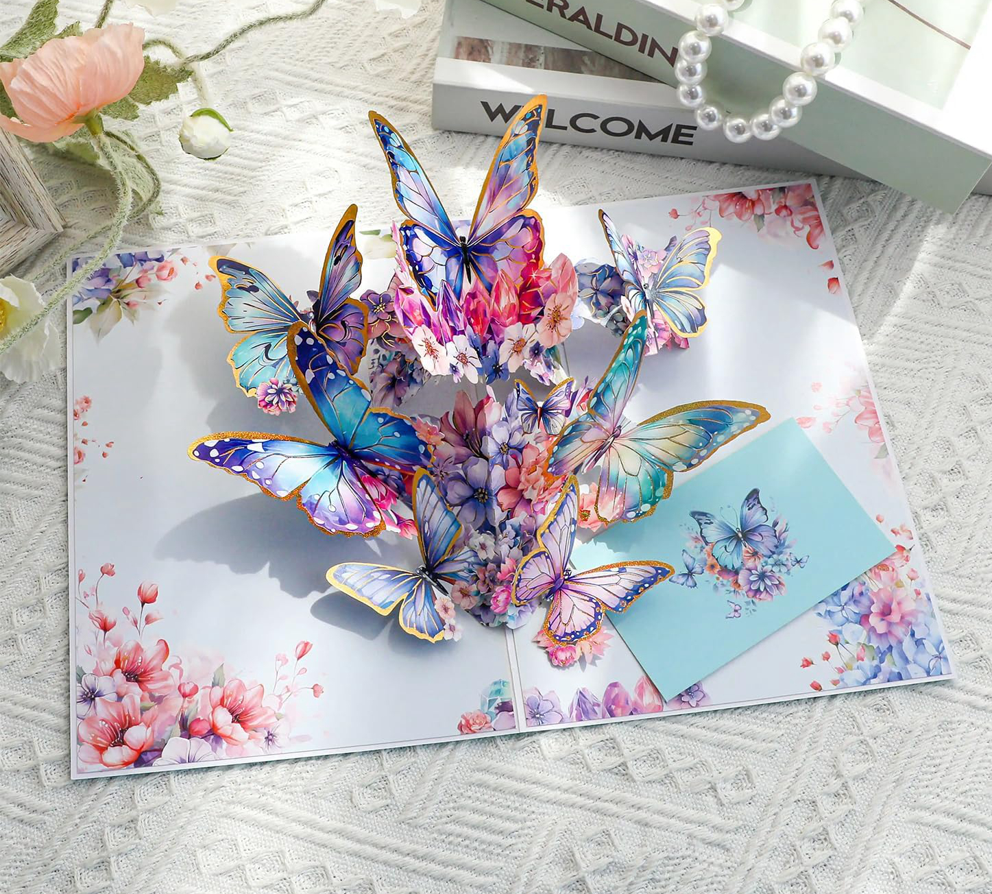 3D Butterfly Pop Up Greeting Cards With Floral Wreath Design