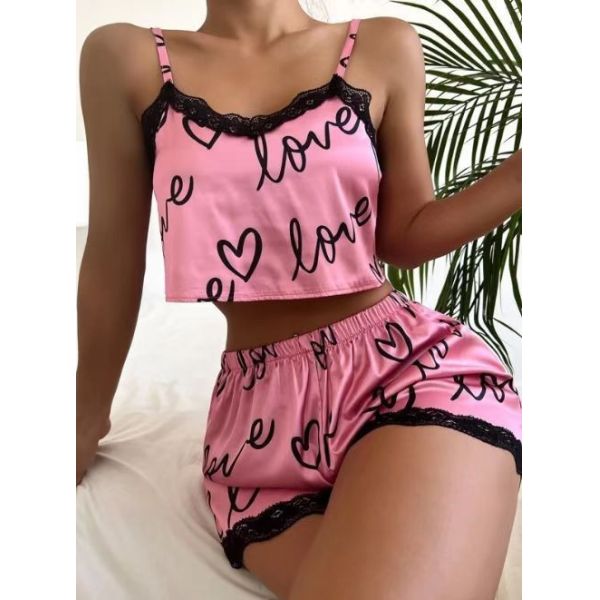 House Wear Sexy Lingerie Sleepwear Ladies Heart Print Leisure Wear Lingerie Shorts Plus Size