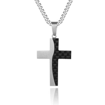 Collier de croix en acier inoxydable pour hommes Collier de croix chrétienne en fibre de carbone
